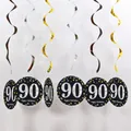 Detail of 90th birthday party hanging swirls with black and gold happy birthday tags - Black Gold Silver Single Spiral Black Age