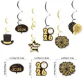 Décorations de Nouvel An 2026 noires et dorées avec motifs de feu d'artifice et horloge - Style Spirale Nouvel An