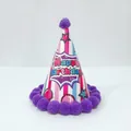 Detail van kinderfeestmuts met paarse pompons en kleurrijk verticaal streeppatroon - Paars Gestreepte Stijl (Happy Birthday)