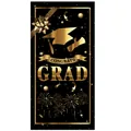 Vertical black and gold Congrats Grad banner with graduation cap and fireworks - Series 3 (Black Gold Fireworks)