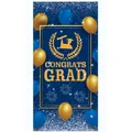 Vertical blue and gold Congrats Grad poster with balloons and festive patterns for graduation - Series 2 (Blue Gold Frame)