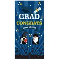 Close-up of blue 2022 graduation banner with cartoon gnomes and Congrats Grad text - Series 4 (Blue Gold Gnome)