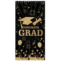 Close-up of black and gold Congrats Grad banner with fireworks and graduate silhouettes - Series 5 (Black Gold Radial)