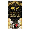 Vertical black and gold graduation banner with a cute gnome and Congrats Grad text - Series 6 (Black Gold Gift Gnome)