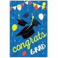 Detail of congrats GRAD poster with graduation caps, balloons, and festive blue background - Series 7 (Dark Blue Toss Cap)