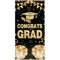 Vertical black and gold Congrats Grad banner with graduation cap and balloon decorations - Series 8 (Black Gold Congrats)