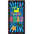 Close-up of Congrats GRAD graduation banner with blue star borders and festive graphics - Series 13 (Blue Black Radial)