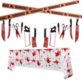 Detailed Halloween decor set with bloody handprint tablecloth and horror tool garland - T4 Halloween Bloody Knife Tablecloth Caution Tape Set