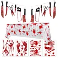 Halloween bloody handprint banner tablecloth and stickers scary party decoration set - T3 Bloody Knife Tablecloth Handprint Horror Set