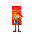 Detail van een kerstbanner met een elfje, Merry Christmas tekst en lange gestreepte benen - Sprite-patroon