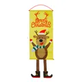 Vertical Christmas reindeer banner with Merry Christmas text and long hanging legs - Reindeer