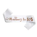 Detail of white satin Mummy to Be sash with crown and footprints for baby shower - White Mummy To Be Smiley