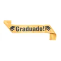 Detail of golden satin sash with black Graduado text and graduation cap icons - Gold Graduado