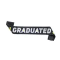 Close-up of black satin graduation sash with white Graduated text and yellow icons - Black GRADUATED