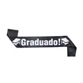Elegante banda de graduación en satén negro con texto Graduado blanco e iconos de birrete - Negro Graduado