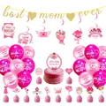 Golden glitter Best Mom Ever banner with pink Mother's Day balloons and party swirls - Best Mom Banner Balloon Kit Style Four