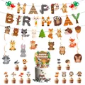 Woodland animals birthday banner set featuring fox and raccoon forest decorations - Fox Hedgehog Pull Banner Swirls Large and Small Toppers