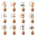 Detailed size chart for 12 cartoon forest animal cupcake toppers in a 4x3 grid layout - Fox Hedgehog Cupcake Toppers