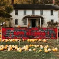 Halloween garden banner with red bloody handprints and Happy Halloween greeting text - Red Brick Wall Bloody Handprint Style (Halloween Yard Poster 2)