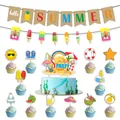 Hello Summer party decoration kit with banner, cupcake toppers and flamingo cake insert - Summer Party Bundle Set