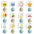 12-piece summer beach theme cupcake toppers set including flip-flops, surfboard, and sun - Cupcake Toppers