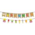 Detail of Hello Summer banner with burlap swallowtail flags and colorful popsicle cutouts - Banner And Rabbit Garland Combination