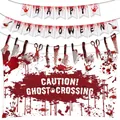 Detail of Halloween bloody weapon garland and Caution Ghost Crossing party backdrop - Halloween Banner Poster Set Two