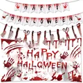 Macro detail of Halloween spooky decoration kit with bloody tools and themed banners - Halloween Banner Poster Set Four