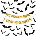 Halloween decoration set featuring black bats and gold glittery letters on a white background - Gold Glitter