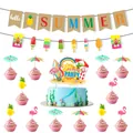 Hawaiian summer party decoration kit with hello summer burlap banner and cake toppers - Jute Summer Banner Style Four