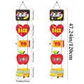Vertikales Welcome Back to School Banner mit Bleistift-, Apfel- und Schulbus-Symbolen - Schulanfang Stil (KXJ005)