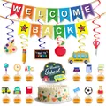 Welcome Back school banner and hanging swirls set with pencil and bus cake toppers - Letter Banner Spiral Large And Small Cake Toppers (Set Six)