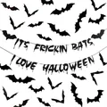 3D black bat wall decals and It's Frickin Bats banner for Halloween home decoration - Black Glitter Style