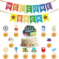 Detail of school party decor with Welcome Back banner and cute cupcake toppers - Banner Large And Small Cake Toppers (Set Five)