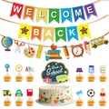 Detailed view of Back to School party kit with paper banners and cake toppers - Banner Garland Large And Small Cake Toppers (Set Four)