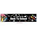 Detailed flat lay of black Back to School banner with school supplies and rainbow motifs - It's Time To Go Back To School (Black Background 001) / 300x50cm