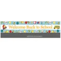 Detail of Back to School outdoor banner with colorful school bus and stationary illustrations - Welcome Back to School (Light Blue Cartoon 004) / 300x50cm