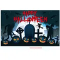 Close-up of Halloween backdrop featuring spooky pumpkin, full moon and vibrant scary graphics - Poster Style 012