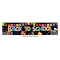 Close-up of Back to School banner with colorful text, school supplies, and black background - BACK TO SCHOOL (Black Flag Illustration 020) / 300x50cm