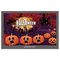 Macro detail of Halloween tapestry with pumpkins, ghosts and Happy Halloween art text - Poster Style 016