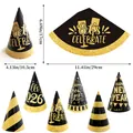 2026 New Year black and gold party hats set with Happy New Year and Cheers slogans - Set of 6 / New Year Style B