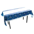 Halloween blue disposable PE tablecloth featuring white spider webs and yellow spiders - Blue White Contrast Yellow Spider Web (Style 006)
