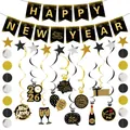 2026 Happy New Year party decoration set with black and gold banners and swirls - New Year Fireworks Set (Style B)