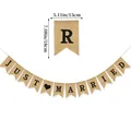 Just Married burlap wedding banner with fishtail bunting flags and heart details - JUST MARRIED Black Text Burlap Banner
