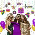 Mardi Gras party ceiling decorations with purple gold green swirls and festive masks - Brazil Carnival Spiral Hanging Card Set