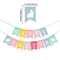 Pastel color Happy Easter burlap banner with white rabbit patterns for holiday decoration - HAPPY EASTER Macaron Colored Burlap Banner