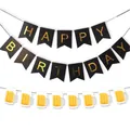 Black and gold Happy Birthday banner with yellow beer mug decorations for party - Small Bronzing Black Beer Mug Bunting Kit