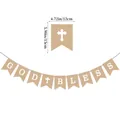 Natural burlap God Bless banner with white letters and cross for baptism decoration - White