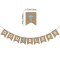 Detail showing natural linen God Bless banner with white letters and blue cross - Blue