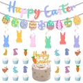 Détail du kit de fête Joyeuses Pâques avec bannières macarons et cake toppers lapins - Set Combo de Déco de Pâques Cinq